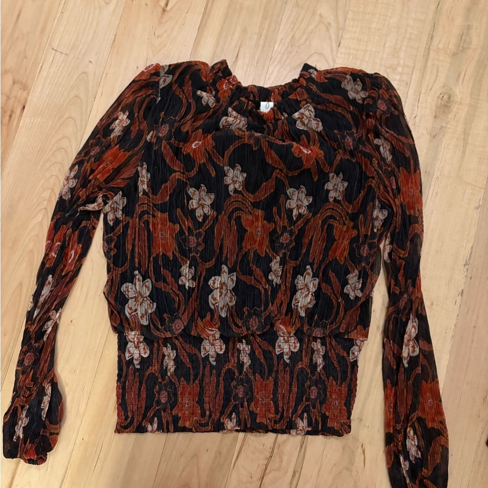 Joie Black & Rust Floral Smocked Waist Blouse - Picture 1 of 3